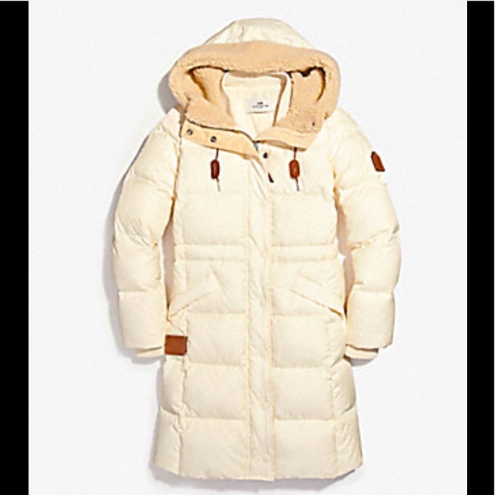 Coach luxury women’s cream long puffer jacket- NWOT- Size Large